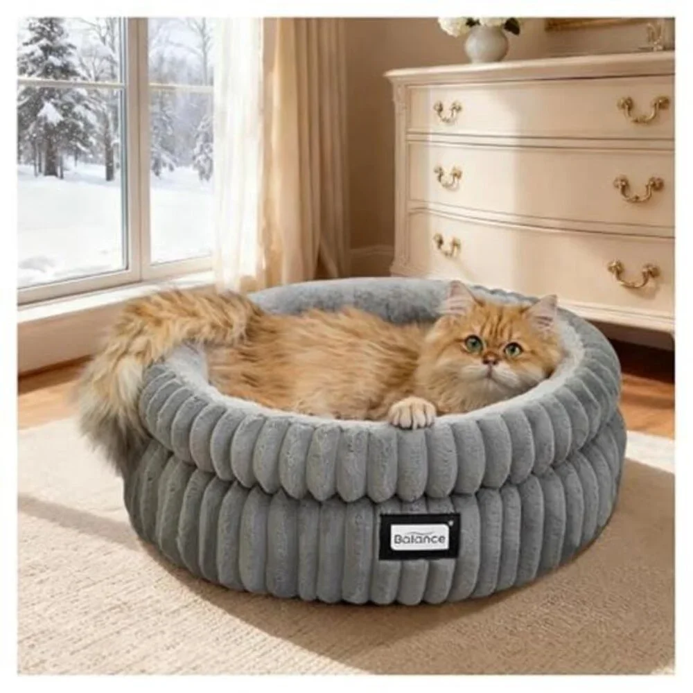 Round Cat Bed Plush Soft Washable Kitten Bed Anti Slip Cozy Pet Bed Indoor Cats